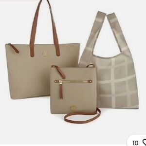 NEW - Joy Mangano 3-Piece Leather Tote, Crossbody & Reusable Bag Set - Stone